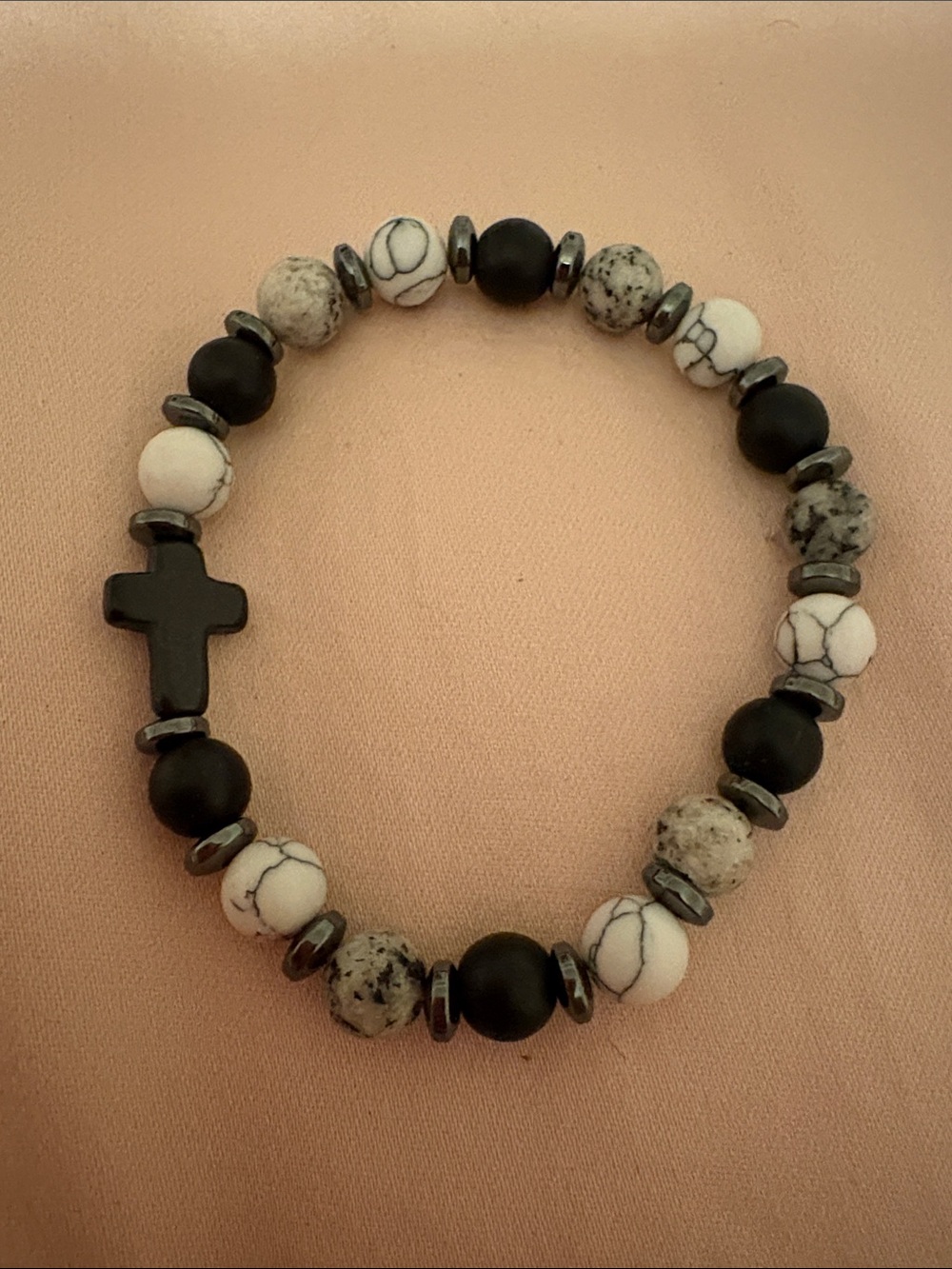 Handmade Black, White & Hematite Stone Beaded Cross Bracelet